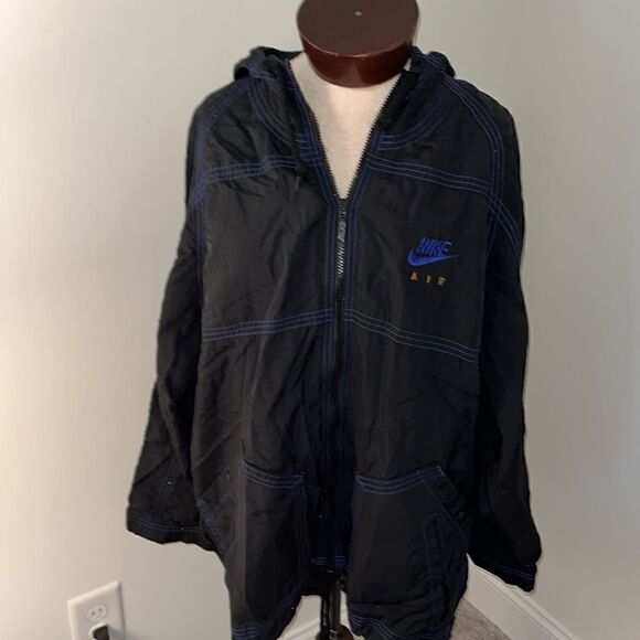 Vintage NIKE AIR retro Nylon Black Blue stripe hoodie hooded jacket-M oversize - Picture 1 of 10